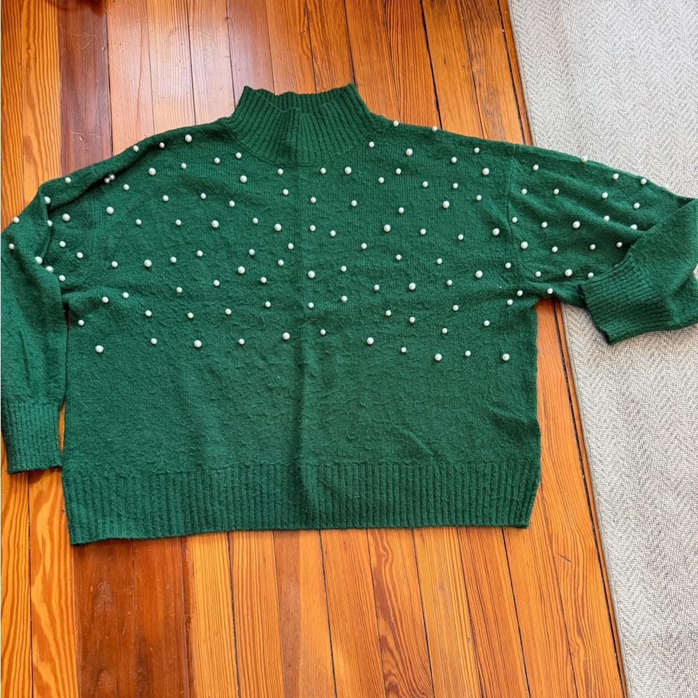 Eloquii Emerald Green Pearl-Embellished Turtleneck Sweater